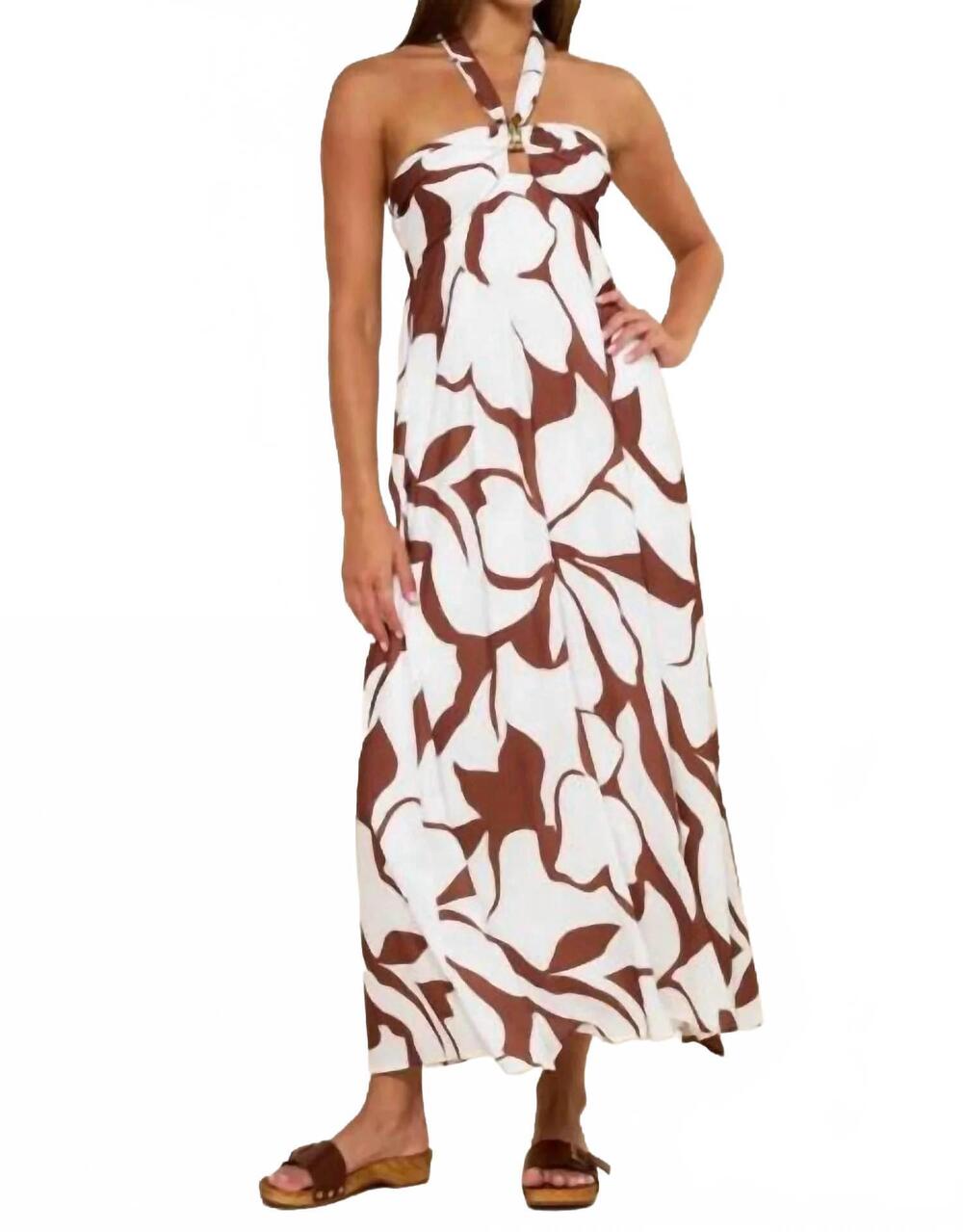 NEW DEON women's palm halter print maxi dress in off white/brown